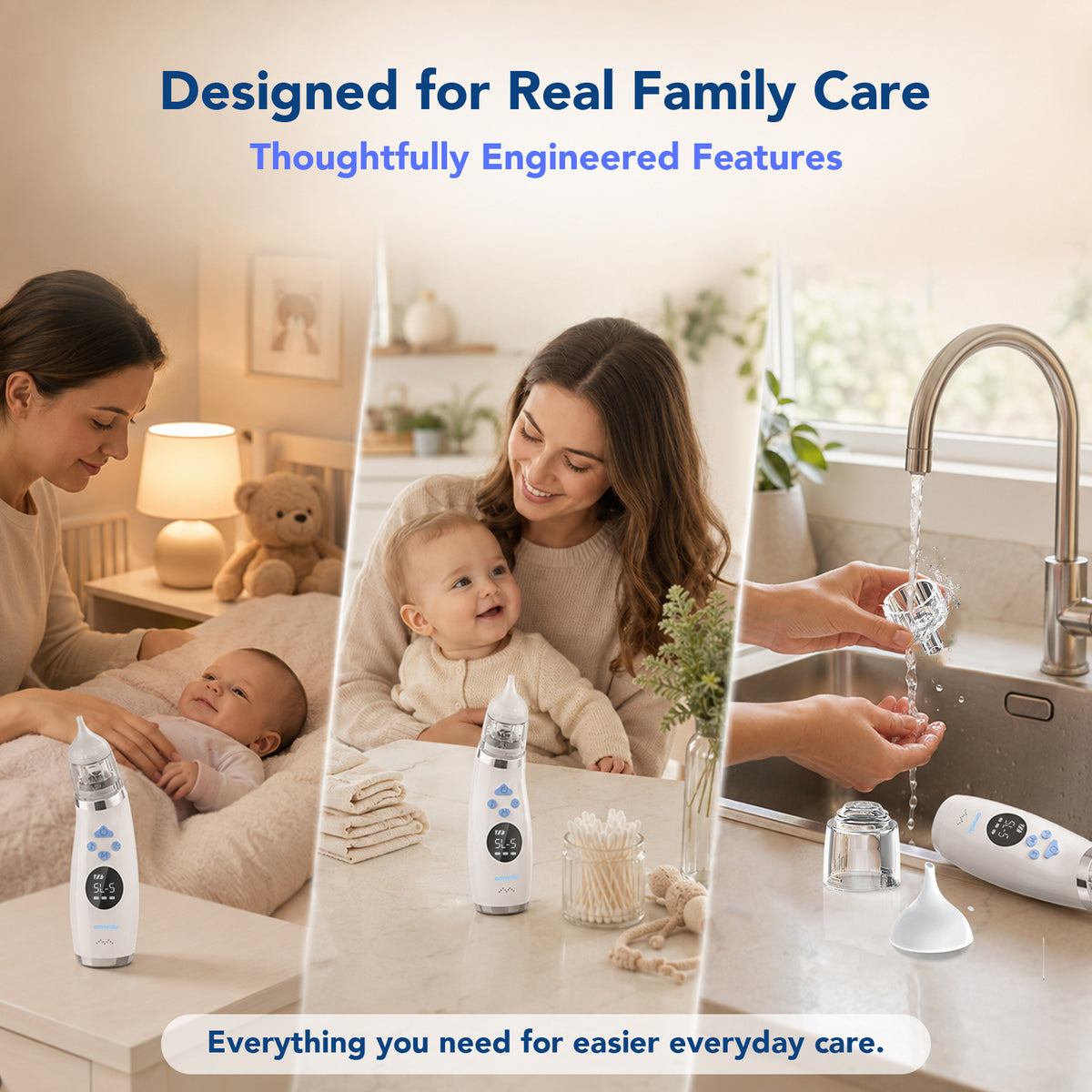 AMOMLU NoseRelief Go Electric Nasal Aspirator for Baby, Child Nose Sucker, Strong Suction, Water-Assisted Internal Rinse, Waterproof Pump Protection, USB Rechargeable, LED Night Light