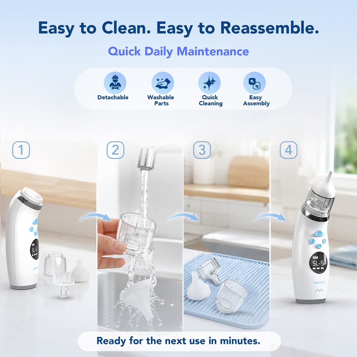 AMOMLU NoseRelief Go Electric Nasal Aspirator for Baby, Child Nose Sucker, Strong Suction, Water-Assisted Internal Rinse, Waterproof Pump Protection, USB Rechargeable, LED Night Light