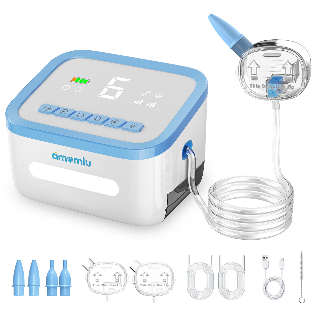 AMOMLU NoseRelief Pro Electric Nasal Aspirator for Baby, Child Nose Sucker with AMOFlow™ Dual-Pump Airflow Technology, Smart Pressure-Relief Mode, LED Night Light